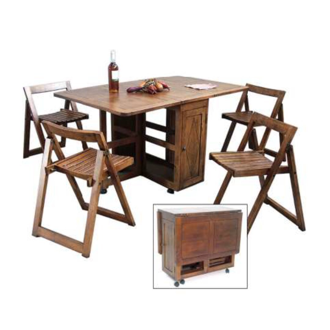 Butterfly Table DR2038, A solid wood table in a butterfly wing shape, with 4 chairs and a drawer