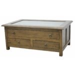 Glass Case Table MD8034, Solid wood coffee table with glass top and 3 drawers