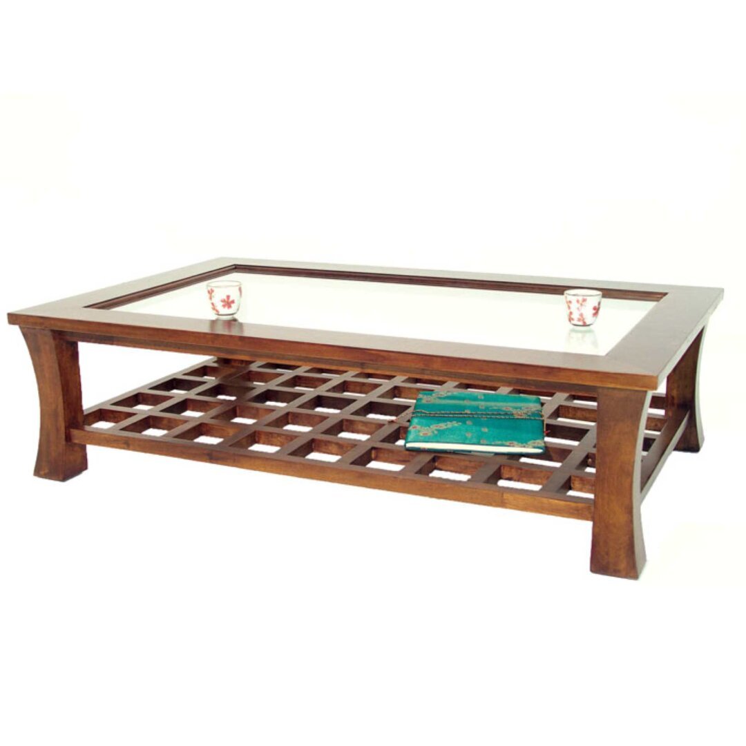 Low Table Glass MD8050, Solid Wood Coffee Table with Glass Top, Zen Style (128 cm)