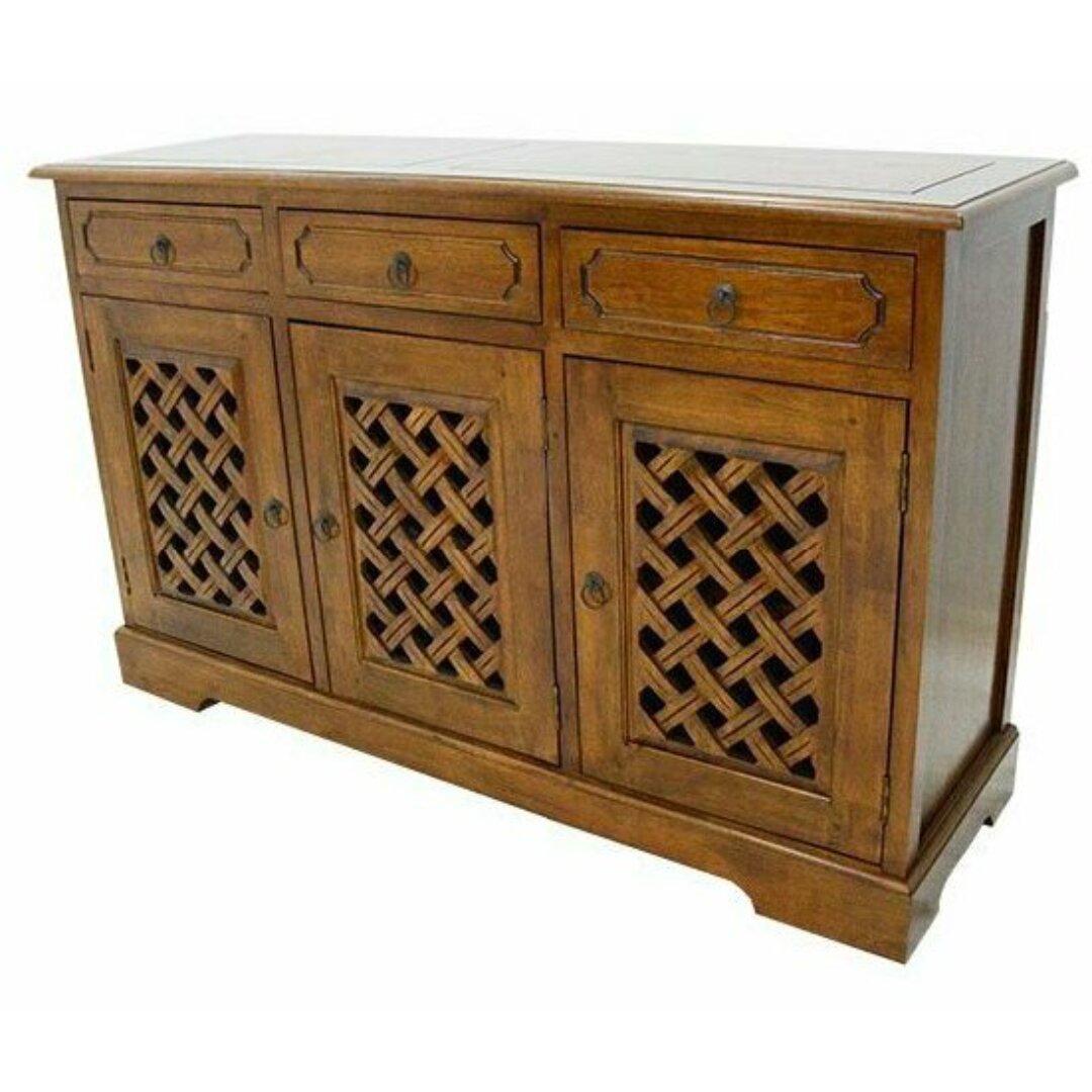 MD8099 Solid wood storage cabinet with woven front panels, 3 doors, and 3 drawers