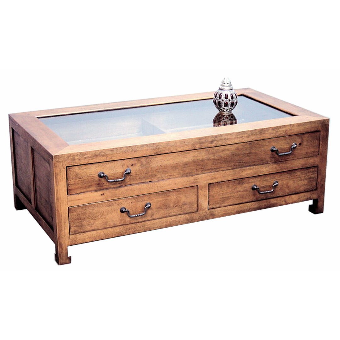 MD8172 Solid Wood Coffee Table with Glass Top and 3 Drawers (Glass Low Table)
