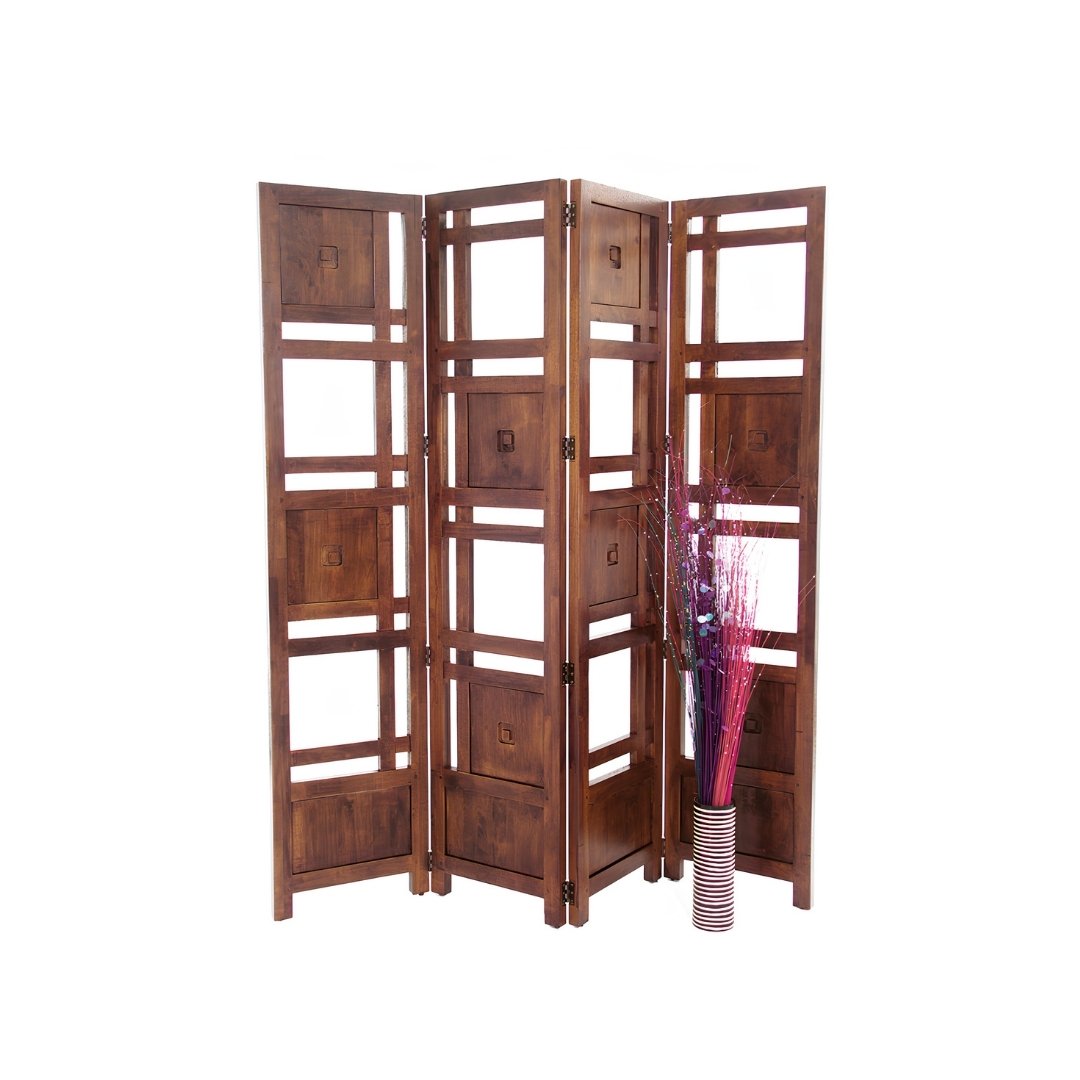 MD8475 Paravent Okohoma, Solid wood room divider with 4 folding panels, Japanese design