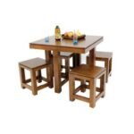 MD8631 Square Dining Table Set with 4 Stools, A square solid wood dining table set with 4 stools