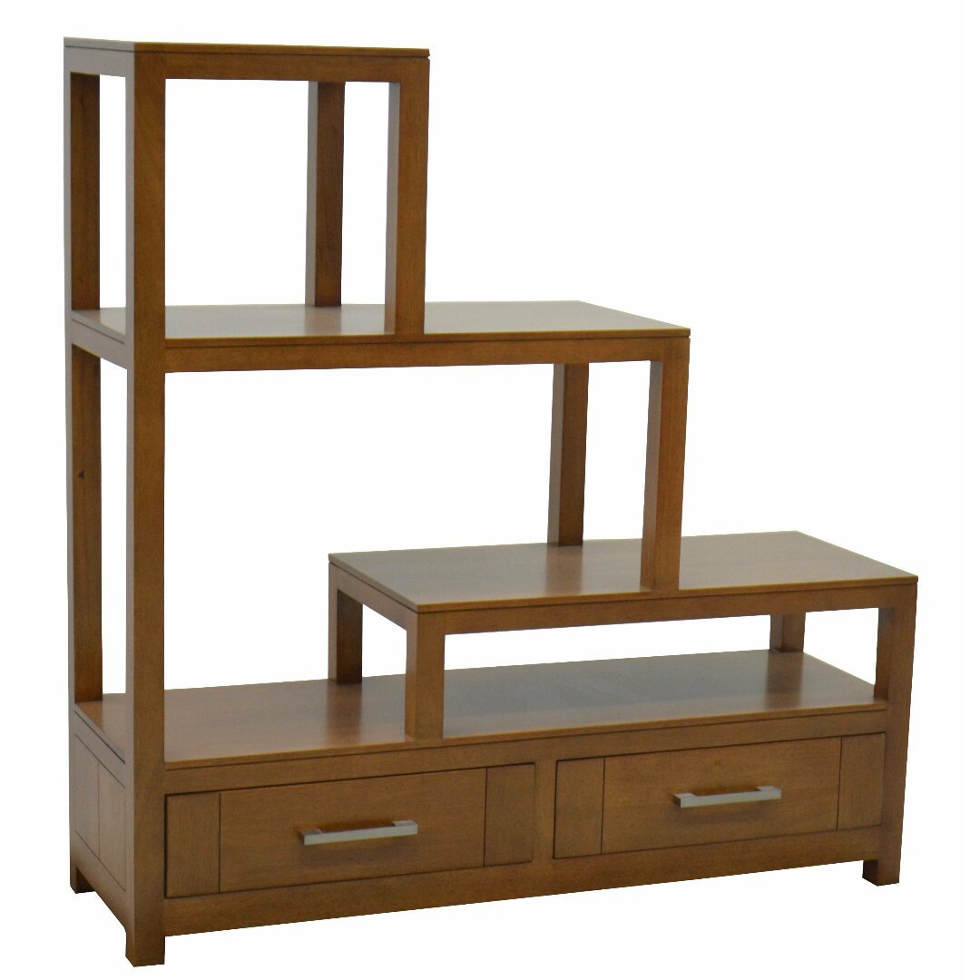 MD9080 Solid Wood Staircase Shelf with 2 Drawers, A solid wood staircase-style shelf with 2 drawers
