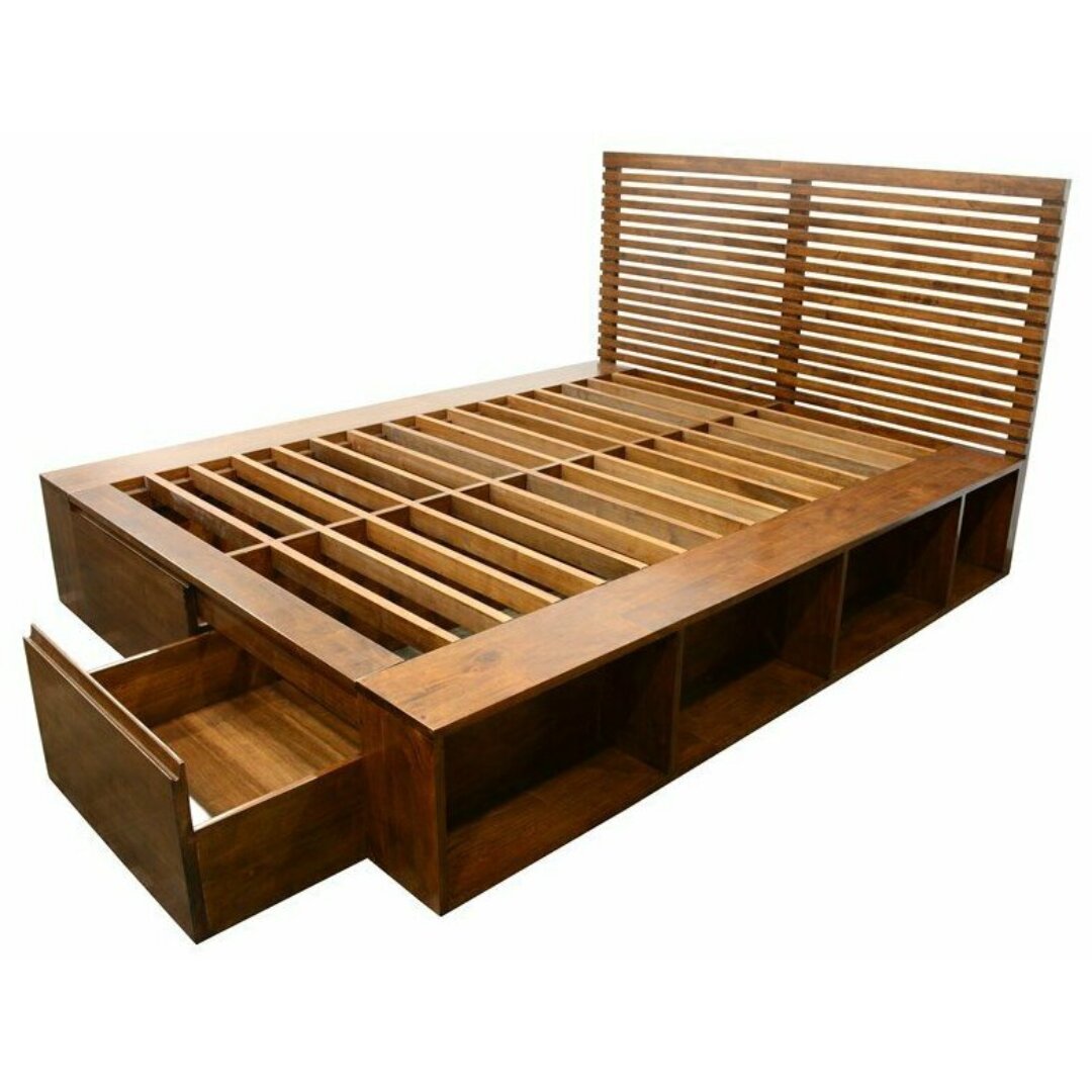 MD9303KF Solid Wood Bed (KD) with 2 Storage Drawers & Side Racks