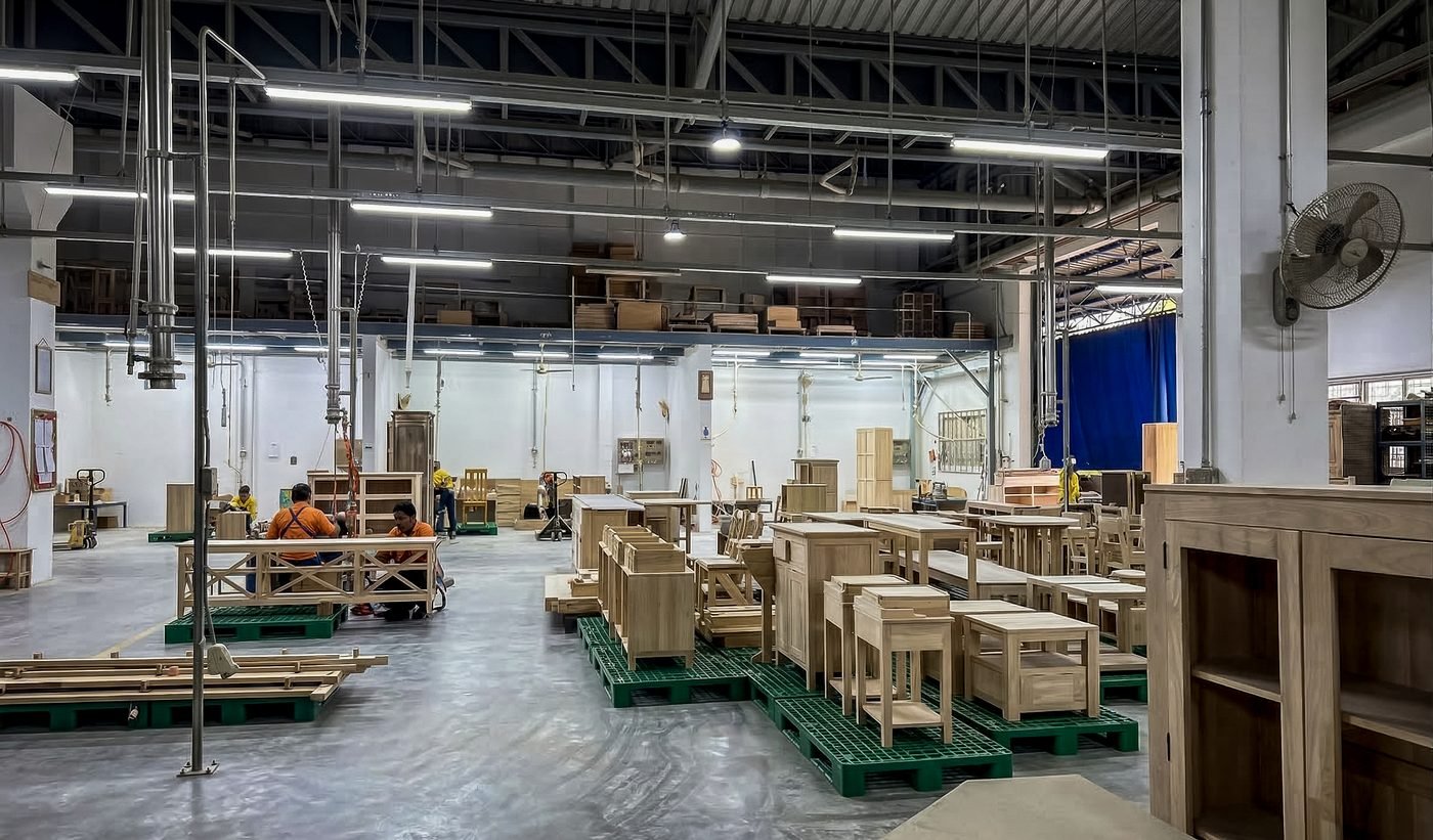The main production hall at the Planet Furniture factory in Chonburi, Thailand, with furniture in progress