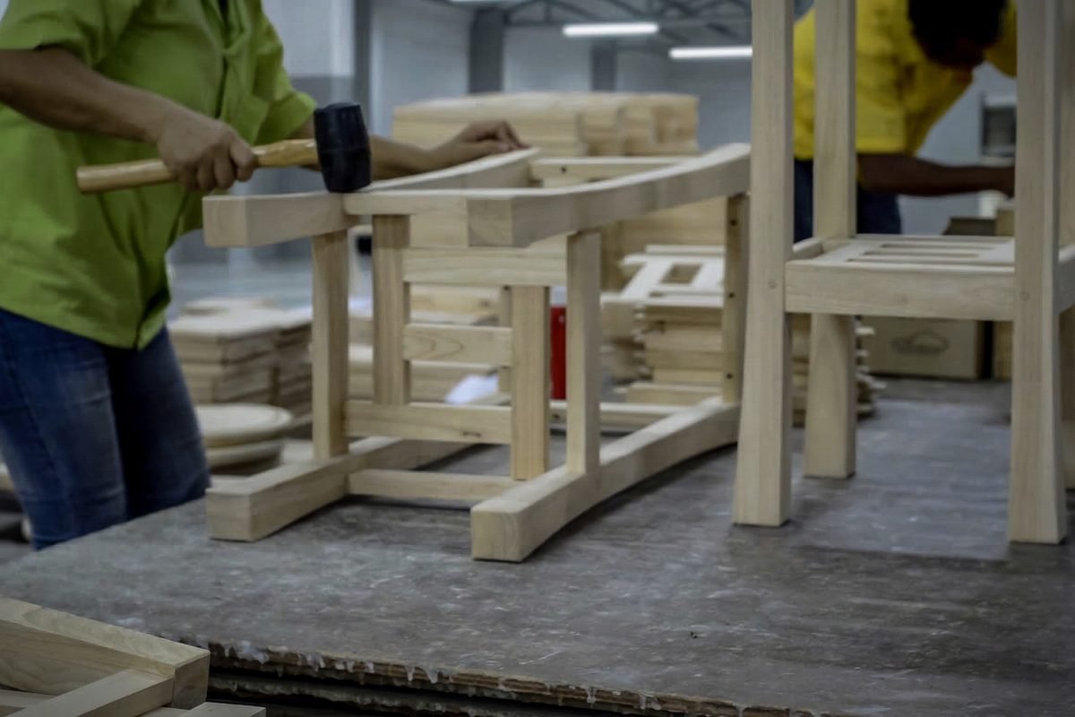 Furniture frames being squared and assembled by hand at Planet Furniture