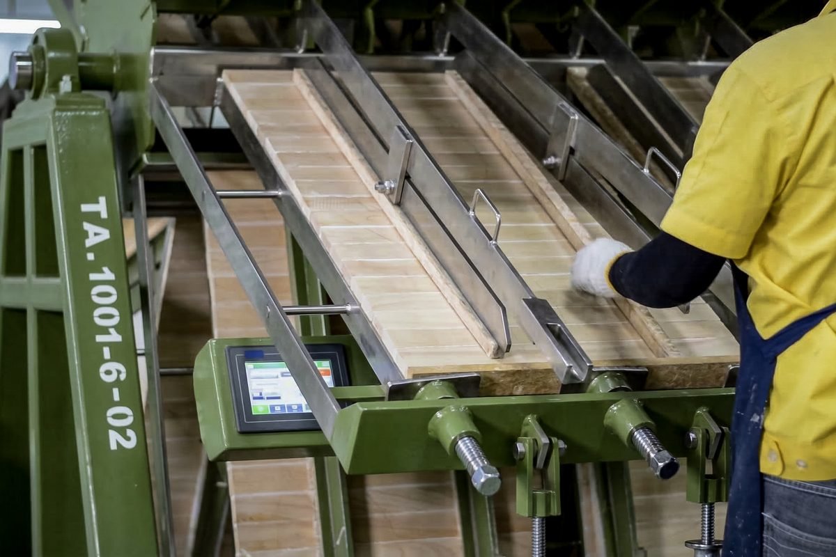 Rubberwood components being machined to tolerance before assembly