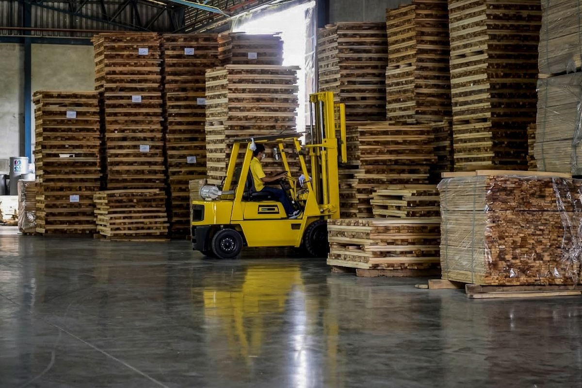 Kiln-stacked rubber wood and acacia timber being moved by forklift at the Planet Furniture factory in Chonburi, Thailand