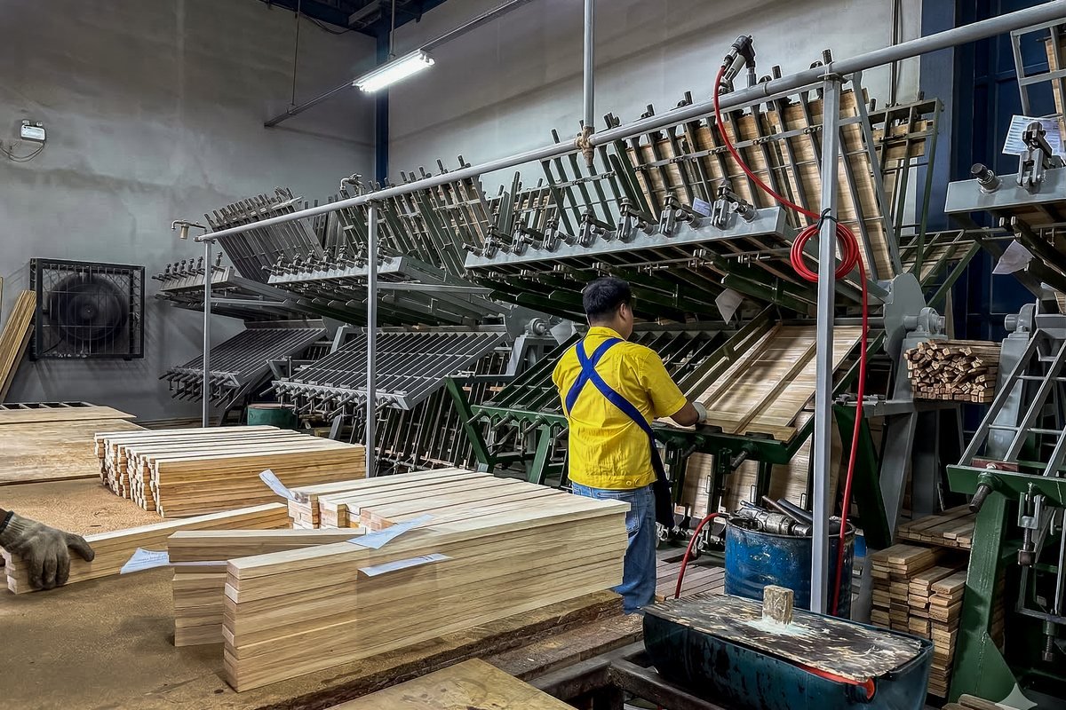 Freshly milled rubber wood boards stacked at the clamping racks in the Planet Furniture factory