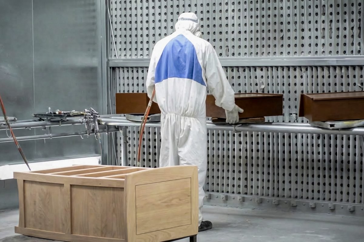 Water-based low-VOC finishing booth at Planet Furniture